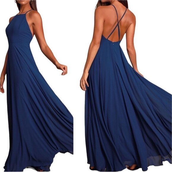 Lulus Mythical Kind of Love Chiffon Flowy Blue Halter Neck Maxi Gown Dress Sz S - Picture 15 of 15